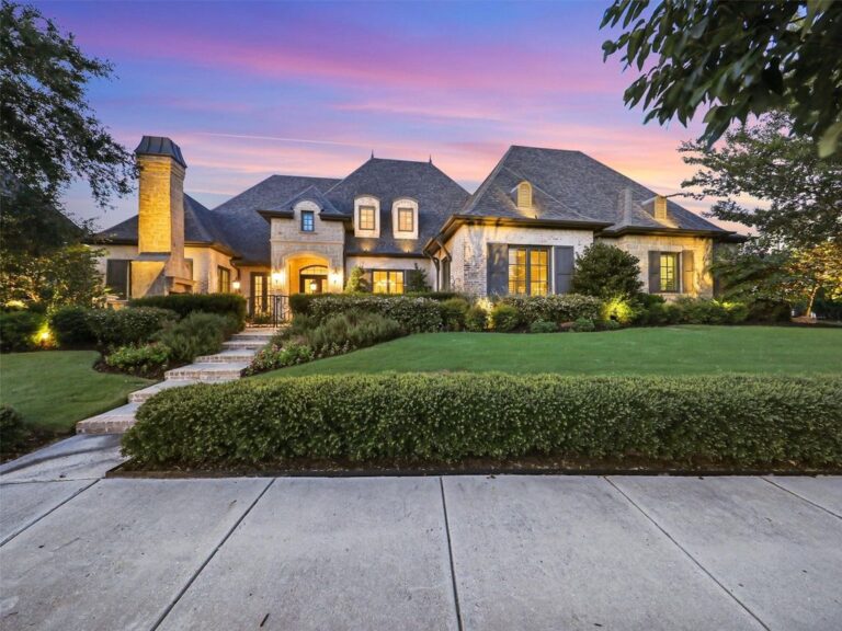 Award-Winning Custom French Manor with Front Courtyard and Stone Fireplace in Frisco, Texas