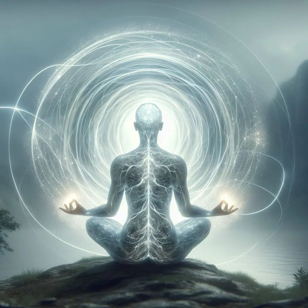 A person in a peaceful meditation pose with a visualization of the connection between brain and body. Jpg result